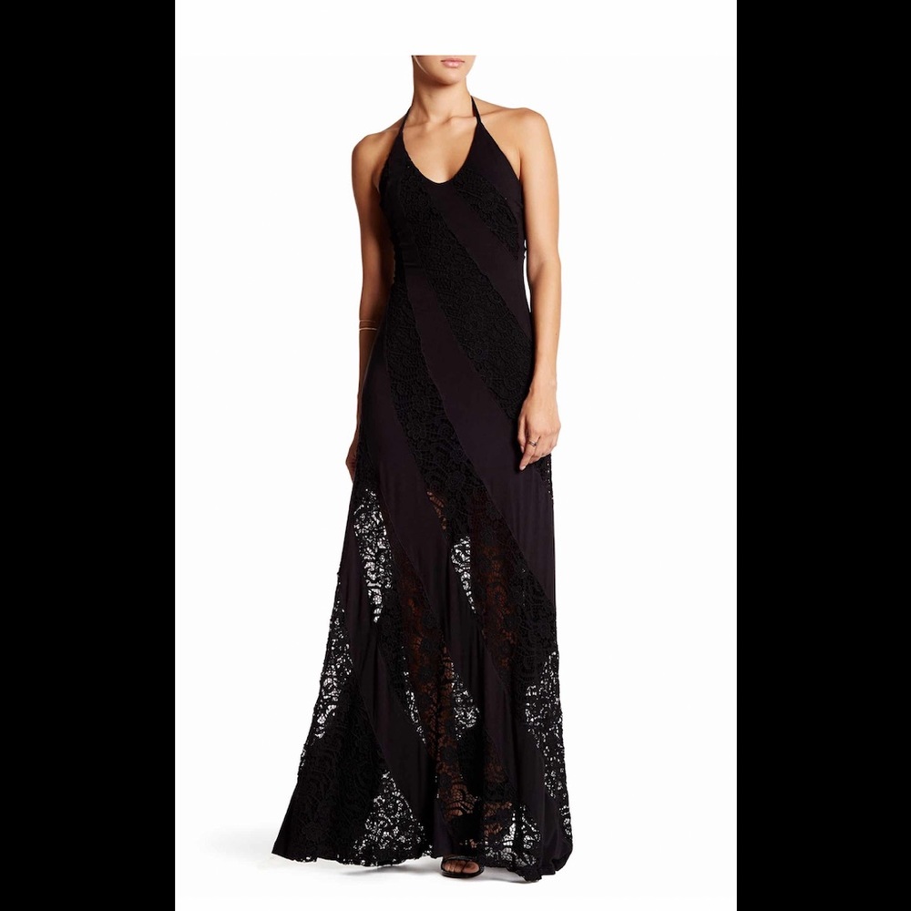 Sky long black lace halter dress NWT